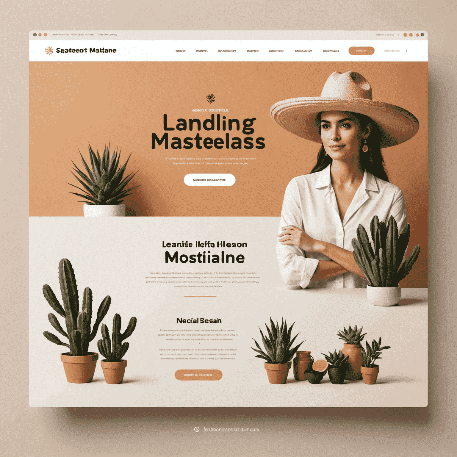 Mockup de una página de inicio para una clase magistral de diseño web con elementos de diseño mexicano sutilmente incorporados, mostrando un equilibrio entre lo tradicional y lo moderno